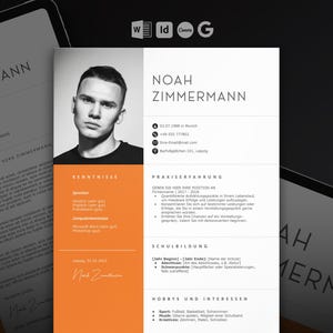 May include: A contemporary CV template featuring a black and white portrait of a man, and the name "Noah Zimmermann" in a sans-serif font. The CV includes sections for skills, experience, and education, with an orange accent colour.
