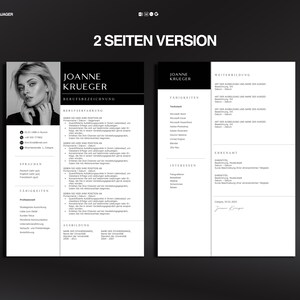May include: A two-page resume template in black and white. The left page features a headshot of a woman, contact information, and sections for languages and skills. The right page includes sections for further education and interests. The text "2 SEITEN VERSION" is at the top.