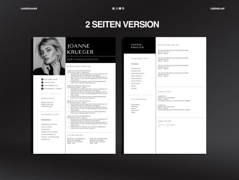 May include: A two-page resume template in black and white. The left page features a headshot of a woman, contact information, and sections for languages and skills. The right page includes sections for further education and interests. The text "2 SEITEN VERSION" is at the top.