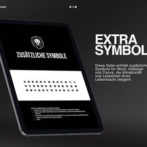 May include: A black tablet shows a white graphic with the text "EXTRA SYMBOLE" and "ZUS&Auml;TZLICHE SYMBOLE". Below the text are rows of small black circles. The background is dark grey.