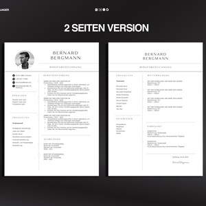 K&ouml;nnte beinhalten: Ein zweiseitiges Lebenslauf-Template in Schwarzwei&szlig;, mit dem Namen "Bernard Bergmann" oben. Der Lebenslauf enth&auml;lt Abschnitte f&uuml;r Berufserfahrung, F&auml;higkeiten und Ausbildung. Der Text "2 SEITEN VERSION" wird oben angezeigt.