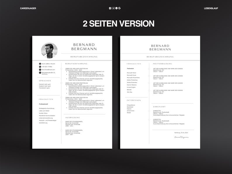 K&ouml;nnte beinhalten: Ein zweiseitiges Lebenslauf-Template in Schwarzwei&szlig;, mit dem Namen "Bernard Bergmann" oben. Der Lebenslauf enth&auml;lt Abschnitte f&uuml;r Berufserfahrung, F&auml;higkeiten und Ausbildung. Der Text "2 SEITEN VERSION" wird oben angezeigt.