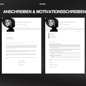May include: Two-page resume template with the name "Margareta Schulz" in a modern, minimalist design. The resume includes a headshot, contact information, and sections for experience and skills. The text "ANSCHREIBEN & MOTIVATIONSSCHREIBEN" is at the top.