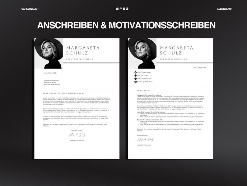 May include: Two-page resume template with the name "Margareta Schulz" in a modern, minimalist design. The resume includes a headshot, contact information, and sections for experience and skills. The text "ANSCHREIBEN & MOTIVATIONSSCHREIBEN" is at the top.