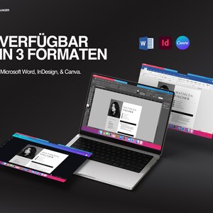 May include: A laptop showing a resume template available in Microsoft Word, InDesign, and Canva formats. The resume displays a headshot and the name "MATHILDA FISCHER". The image has a dark background with the text "VERF&Uuml;GBAR IN 3 FORMATEN".