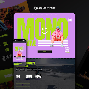 May include: A digital design concept with a purple and lime green color scheme. The word "MONO" is prominently displayed, along with a smiling face graphic. A smartphone displays a matching design. The word "SQUARESPACE" is in the top right corner.