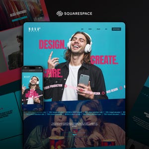 May include: Digital marketing advertisement with the text "DESIGN. INSPIRE. CREATE." A man wearing headphones and holding a phone is featured on a teal background. A smartphone displays the same image. The Squarespace logo is in the upper right corner.