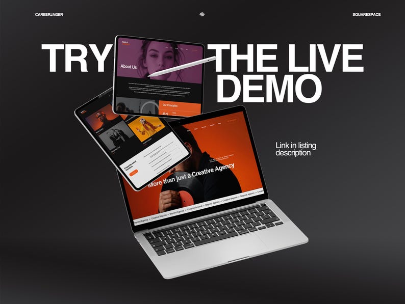 K&ouml;nnte beinhalten: Ein Laptop und zwei Tablets, die eine Website-Oberfl&auml;che anzeigen, mit dem Text "TRY THE LIVE DEMO". Der Laptop-Bildschirm zeigt einen Mann, und die Tablets zeigen Webseiten. Der Hintergrund ist dunkelgrau.