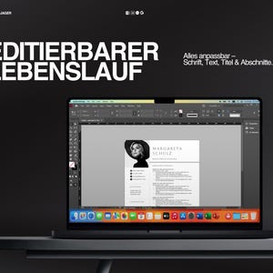 May include: A laptop displaying a resume template with the name "MARGARETA SCHULZ". The screen shows a black and white resume design. Text on the screen reads "EDITIERBARER LEBENSLAUF" and "Alles anpassbar - Schrift, Text, Titel & Abschnitte."