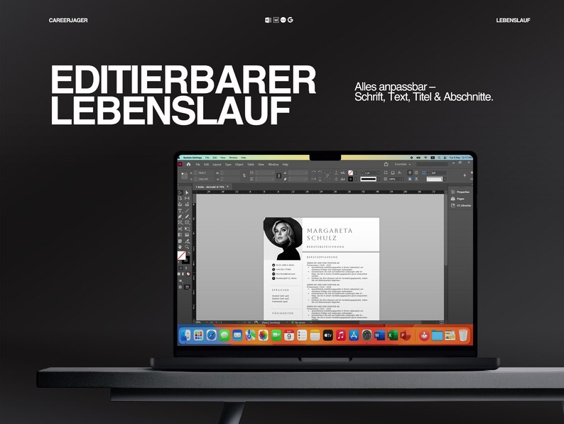 May include: A laptop displaying a resume template with the name "MARGARETA SCHULZ". The screen shows a black and white resume design. Text on the screen reads "EDITIERBARER LEBENSLAUF" and "Alles anpassbar - Schrift, Text, Titel & Abschnitte."