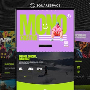 Kreative Squarespace-Agentur mit minimalistischem Squarespace-Podcaster-Template | Moderne, farbenfrohe Branding-Portfolio-Website im lila-grünen Design