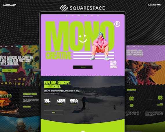 Bold Squarespace Creative Agency, Minimal Squarespace Podcaster Template | Modern Colorful Branding Portfolio Website, Purple & Green Theme