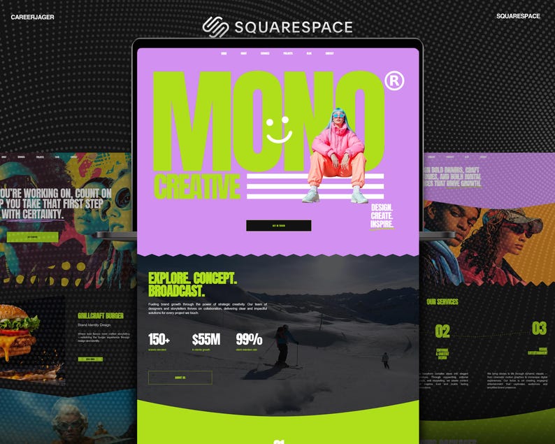 Bold Squarespace Creative Agency, Minimal Squarespace Podcaster Template | Modern Colorful Branding Portfolio Website, Purple & Green Theme