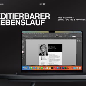 May include: A laptop displaying a resume template with the name "JOANNE KRUEGER" in a black and white design. The screen shows the text "EDITIERBARER LEBENSLAUF" and "Alles anpassbar - Schrift, Text, Titel & Abschnitte."
