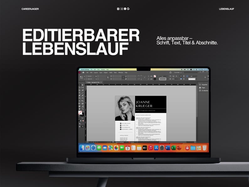 May include: A laptop displaying a resume template with the name "JOANNE KRUEGER" in a black and white design. The screen shows the text "EDITIERBARER LEBENSLAUF" and "Alles anpassbar - Schrift, Text, Titel & Abschnitte."
