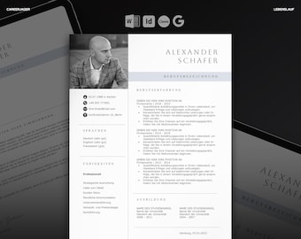 May include: A professional resume template with a headshot of a man in a blazer. The resume is white with black text and light gray accents. The text includes the name "Alexander Schafer" and sections for experience, skills, and education.
