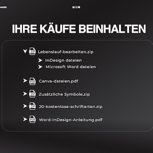 May include: A dark grey graphic with white text and icons. The text reads "IHRE K&Auml;UFE BEINHALTEN" (Your Purchases Include). Below this, a list of files is displayed, including ZIP and PDF files, with German file names. The word "LEBENSLAUF" is also visible.