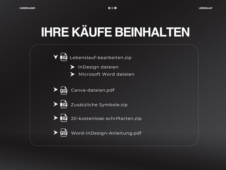 May include: A dark grey graphic with white text and icons. The text reads "IHRE K&Auml;UFE BEINHALTEN" (Your Purchases Include). Below this, a list of files is displayed, including ZIP and PDF files, with German file names. The word "LEBENSLAUF" is also visible.