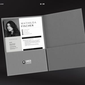 May include: A grey resume folder with a resume inside. The resume features a photo of a person and the name "MATHILDA FISCHER". The folder has the text "CAREERJAGER" and a logo on the front. The background is dark grey.