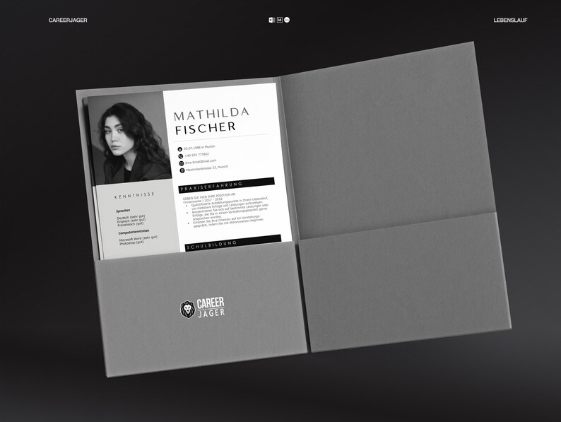May include: A grey resume folder with a resume inside. The resume features a photo of a person and the name "MATHILDA FISCHER". The folder has the text "CAREERJAGER" and a logo on the front. The background is dark grey.