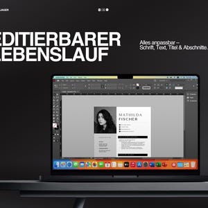 May include: A laptop screen showing a resume template with the name "MATHILDA FISCHER" in a minimalist design. The screen displays a black and white photo of a woman. The text "EDITIERBARER LEBENSLAUF" is displayed in large white letters.