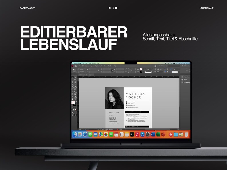 May include: A laptop screen showing a resume template with the name "MATHILDA FISCHER" in a minimalist design. The screen displays a black and white photo of a woman. The text "EDITIERBARER LEBENSLAUF" is displayed in large white letters.