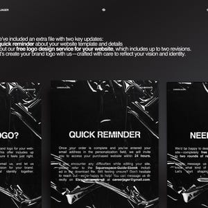 K&ouml;nnte beinhalten: Schwarz-wei&szlig; Grafikdesign f&uuml;r eine Website-Vorlage und einen Logo-Design-Service. Der Text enth&auml;lt "BRAUCHEN SIE EIN LOGO?" und "SCHNELLE ERINNERUNG" mit Details zum Service und Kontaktinformationen.