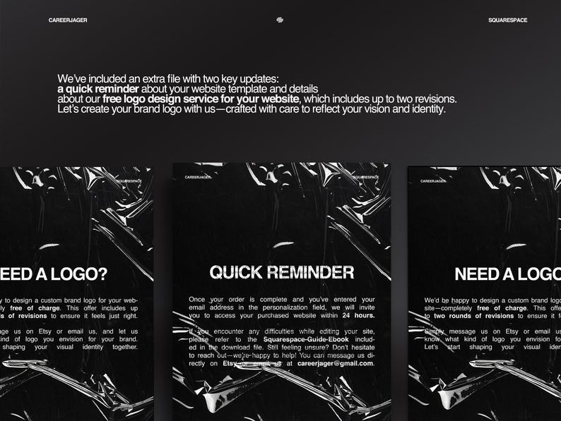 K&ouml;nnte beinhalten: Schwarz-wei&szlig; Grafikdesign f&uuml;r eine Website-Vorlage und einen Logo-Design-Service. Der Text enth&auml;lt "BRAUCHEN SIE EIN LOGO?" und "SCHNELLE ERINNERUNG" mit Details zum Service und Kontaktinformationen.