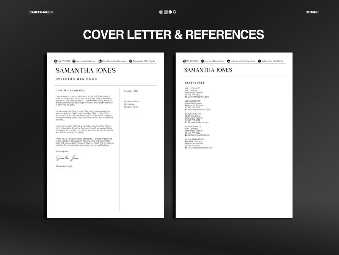 Interior Designer Modern Resume Template Editable CV for Word, Docs