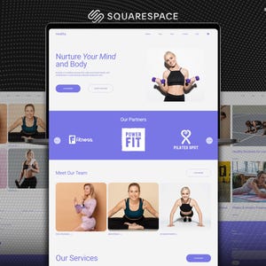 Sitio web moderno de salud y fitness en Squarespace para entrenadores personales / bienestar. Plantilla de sitio web de pilates y gimnasio en Squarespace 7.1.