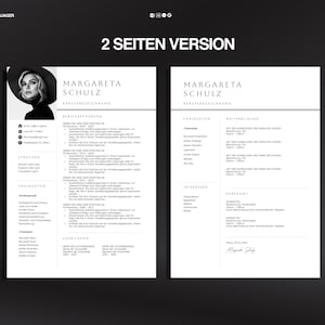 May include: A two-page resume template with the text "2 SEITEN VERSION" at the top. The resume includes a headshot of a woman, contact information, skills, and work experience. The resume is in black and white.