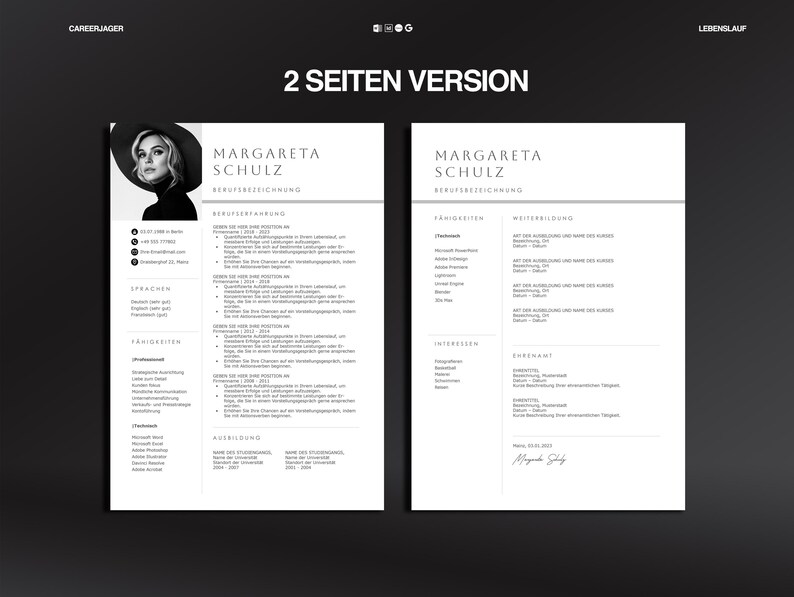 May include: A two-page resume template with the text "2 SEITEN VERSION" at the top. The resume includes a headshot of a woman, contact information, skills, and work experience. The resume is in black and white.