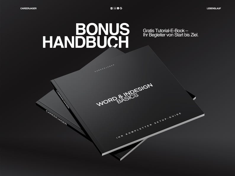 May include: Two black books are stacked at an angle against a dark background. The top book reads "WORD & INDESIGN BASICS" in white text. The text "BONUS HANDBUCH" is above the books. The text "Gratis Tutorial-E-Book" is also visible.
