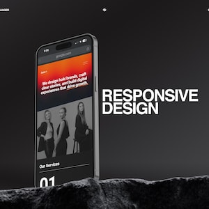K&ouml;nnte beinhalten: Ein Smartphone zeigt eine Website mit dem Text "Wir entwerfen mutige Marken, erstellen klare Geschichten und bauen digitale Erlebnisse auf, die das Wachstum f&ouml;rdern." Die Worte "Responsive Design" sind in Wei&szlig; geschrieben.