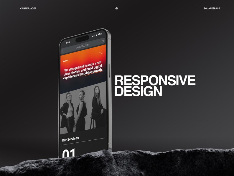 K&ouml;nnte beinhalten: Ein Smartphone zeigt eine Website mit dem Text "Wir entwerfen mutige Marken, erstellen klare Geschichten und bauen digitale Erlebnisse auf, die das Wachstum f&ouml;rdern." Die Worte "Responsive Design" sind in Wei&szlig; geschrieben.