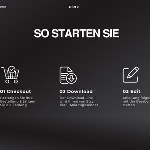 May include: A dark gray graphic with white text and icons. The text reads "SO STARTEN SIE" and lists three steps: Checkout, Download, and Edit. Each step has a corresponding icon: a shopping cart, a document with a download arrow, and a pencil.