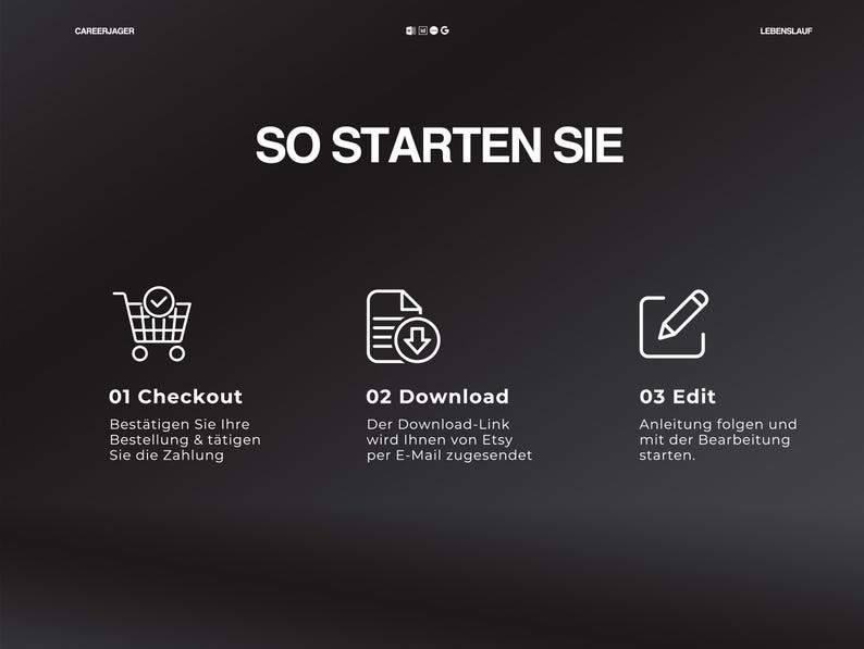 May include: A dark gray graphic with white text and icons. The text reads "SO STARTEN SIE" and lists three steps: Checkout, Download, and Edit. Each step has a corresponding icon: a shopping cart, a document with a download arrow, and a pencil.