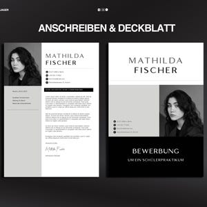 May include: A black and white resume template featuring the name "MATHILDA FISCHER". The text "ANSCHREIBEN & DECKBLATT" is at the top. The design includes a photograph, contact details, and sections for work experience and skills.