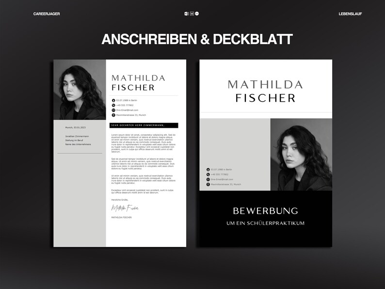 May include: A black and white resume template featuring the name "MATHILDA FISCHER". The text "ANSCHREIBEN & DECKBLATT" is at the top. The design includes a photograph, contact details, and sections for work experience and skills.
