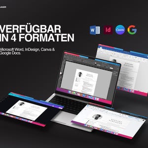 K&ouml;nnte beinhalten: Ein Laptop zeigt eine Lebenslaufvorlage, mit drei zus&auml;tzlichen Bildschirmen, die dieselbe Vorlage anzeigen. Der Text "VERF&Uuml;GBAR IN 4 FORMATEN" befindet sich &uuml;ber den Software-Symbolen f&uuml;r Microsoft Word, InDesign, Canva und Google Docs. Die Texte "CAREERJAGER" und "LEBENSLAUF" sind ebenfalls sichtbar.