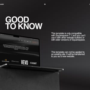 K&ouml;nnte beinhalten: Ein Laptop, der eine Website-Oberfl&auml;che vor dunklem Hintergrund anzeigt. Der Text &bdquo;GOOD TO KNOW&ldquo; ist deutlich sichtbar. Zus&auml;tzlicher Text liefert Informationen zur Squarespace-Kompatibilit&auml;t und Website-Anwendung.