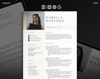Feminine Resume Template | Minimal CV with Photo for Women | Word, Canva, InDesign, Docs