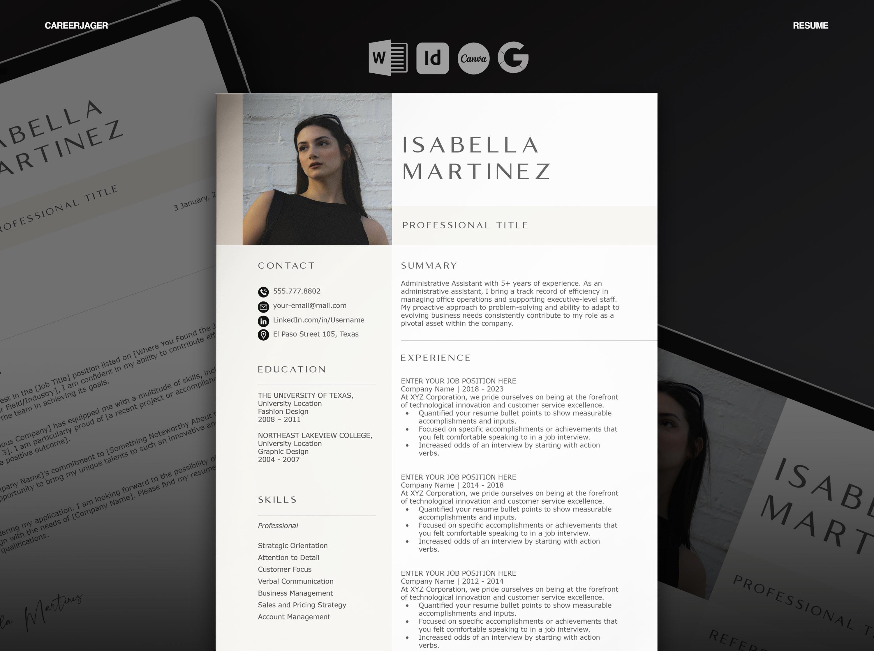 Feminine Resume Template | Minimal CV With Photo for Women | Word ...
