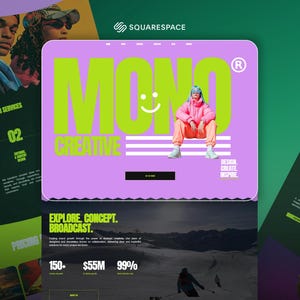 May include: A website design featuring the word "MONO" in large green letters on a purple background. A person in a pink outfit sits in front of the text. The design includes the text "CREATIVE" and "DESIGN. CREATE. INSPIRE."