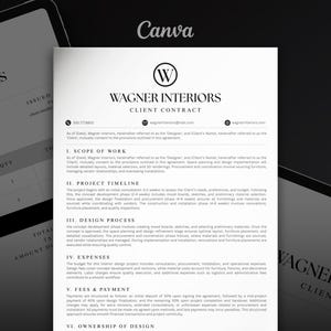 Może przedstawiać: Czarno-biały dokument zatytułowany "WAGNER INTERIORS CLIENT CONTRACT" z logo "W". Dokument jest na białym tle z czarnym tekstem. Słowo "Canva" znajduje się na górze. Faktura jest częściowo widoczna po lewej stronie.