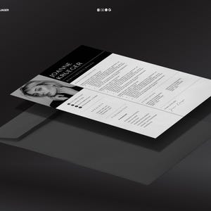 May include: A black and white resume with the name "Joanne Krueger" and a photo of a woman. The resume is on top of a transparent sheet, with the words "CAREERJAGER" and "LEBENSLAUF" at the top.