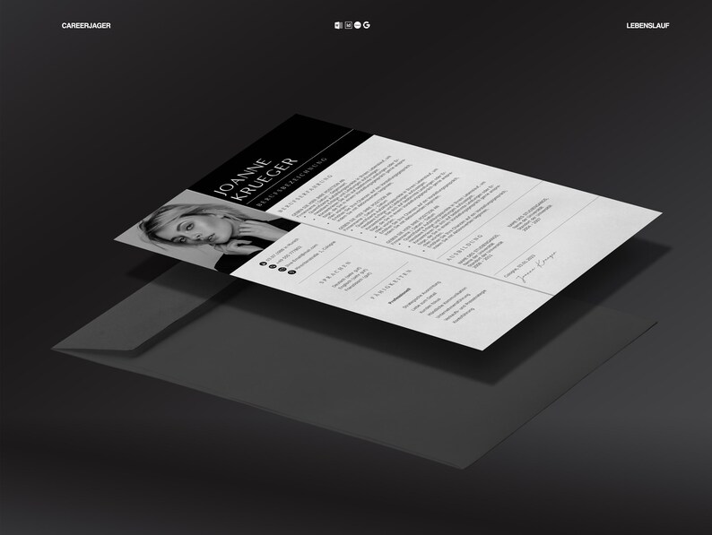 May include: A black and white resume with the name "Joanne Krueger" and a photo of a woman. The resume is on top of a transparent sheet, with the words "CAREERJAGER" and "LEBENSLAUF" at the top.