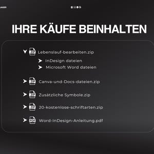 May include: A dark gray graphic with white text that reads "IHRE K&Auml;UFE BEINHALTEN". Below the text are several file icons with German text, including "Lebenslauf-bearbeiten.zip", "InDesign dateien", and "Microsoft Word dateien".