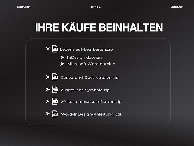 May include: A dark gray graphic with white text that reads "IHRE K&Auml;UFE BEINHALTEN". Below the text are several file icons with German text, including "Lebenslauf-bearbeiten.zip", "InDesign dateien", and "Microsoft Word dateien".