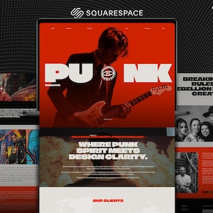 Site de estúdio criativo Squarespace em vermelho vibrante | Portfólio moderno de agência com tema escuro no Squarespace 7.1 para artistas e podcasters